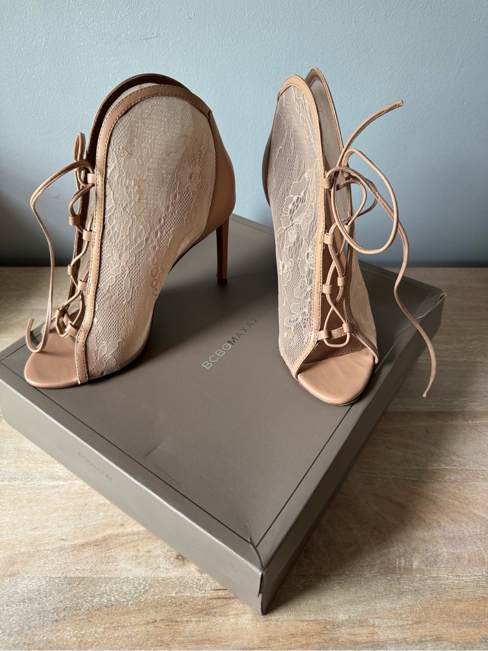BCBGMaxAzria Nude Lace Peep-Toe Lace-Up Stiletto Booties